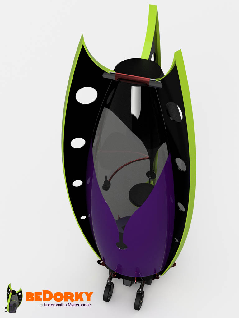 Dorkpod with smoke polycarbonate and metal flake purple formed shell. Lime Gree T-Fins